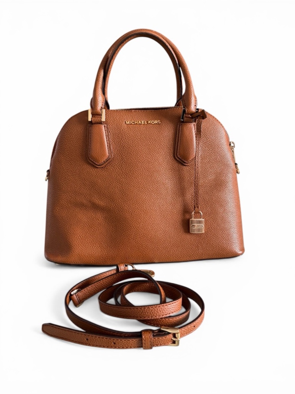 Michael Kors Cognac Brown Pebbled Leather Satchel with Detachable Strap